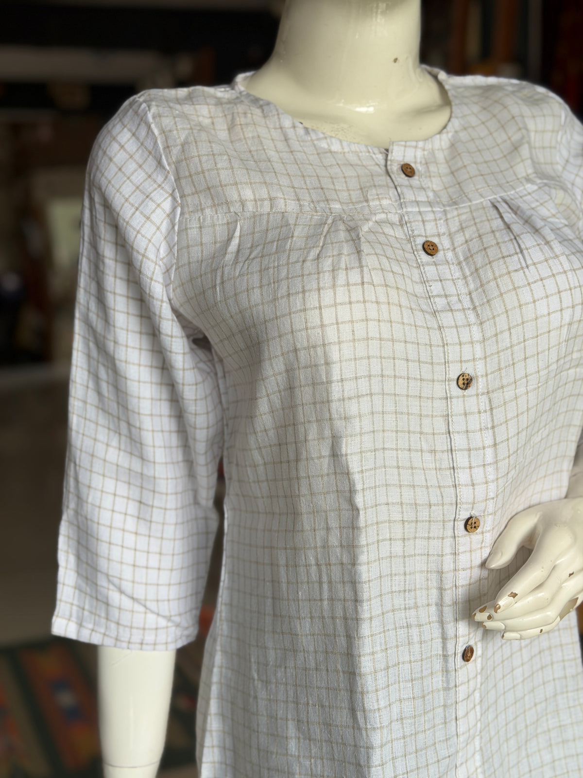 White with light brown checks hemp buttoned top