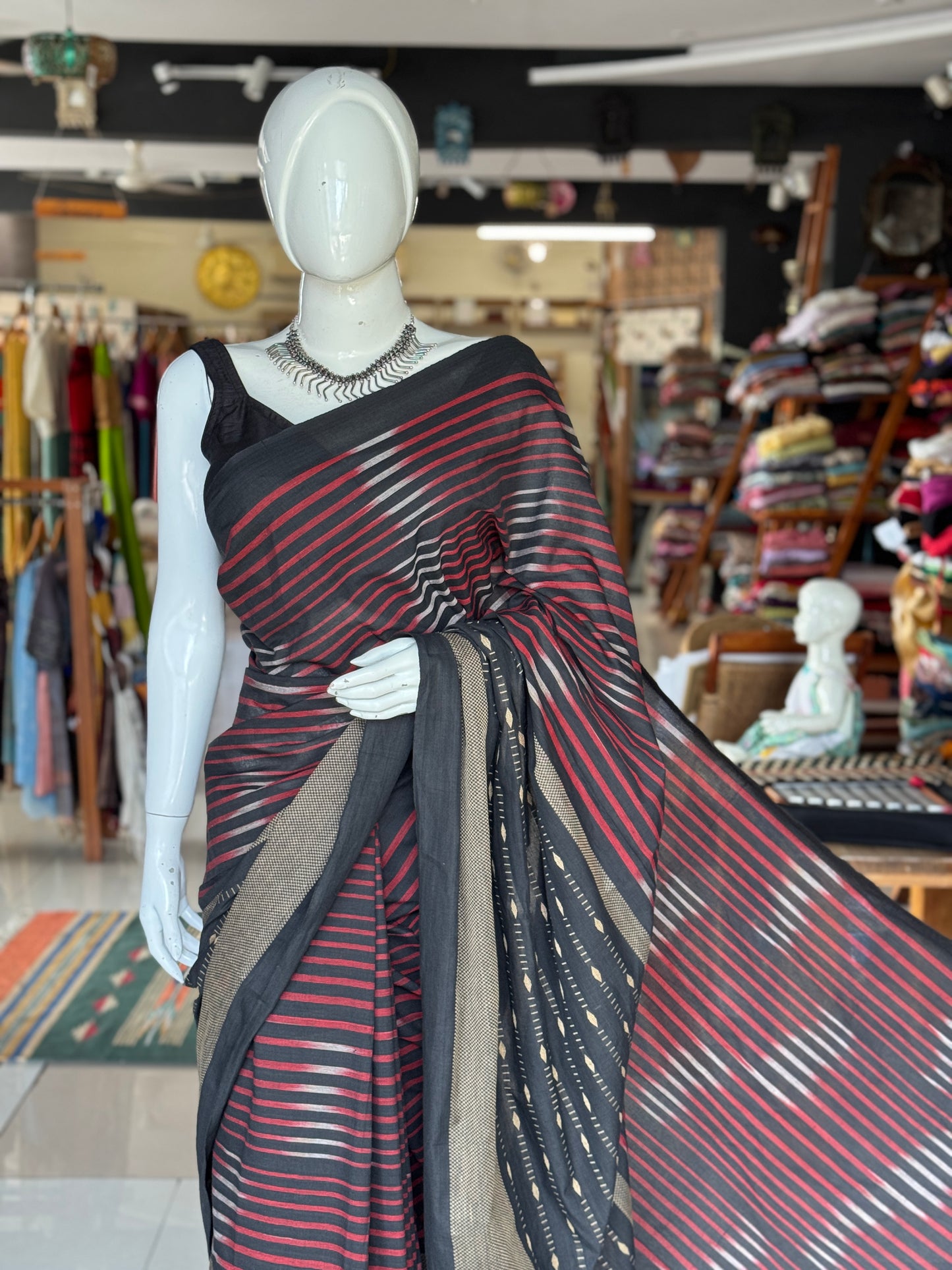 Black stripes Chettinad cotton handloom yardage / saree