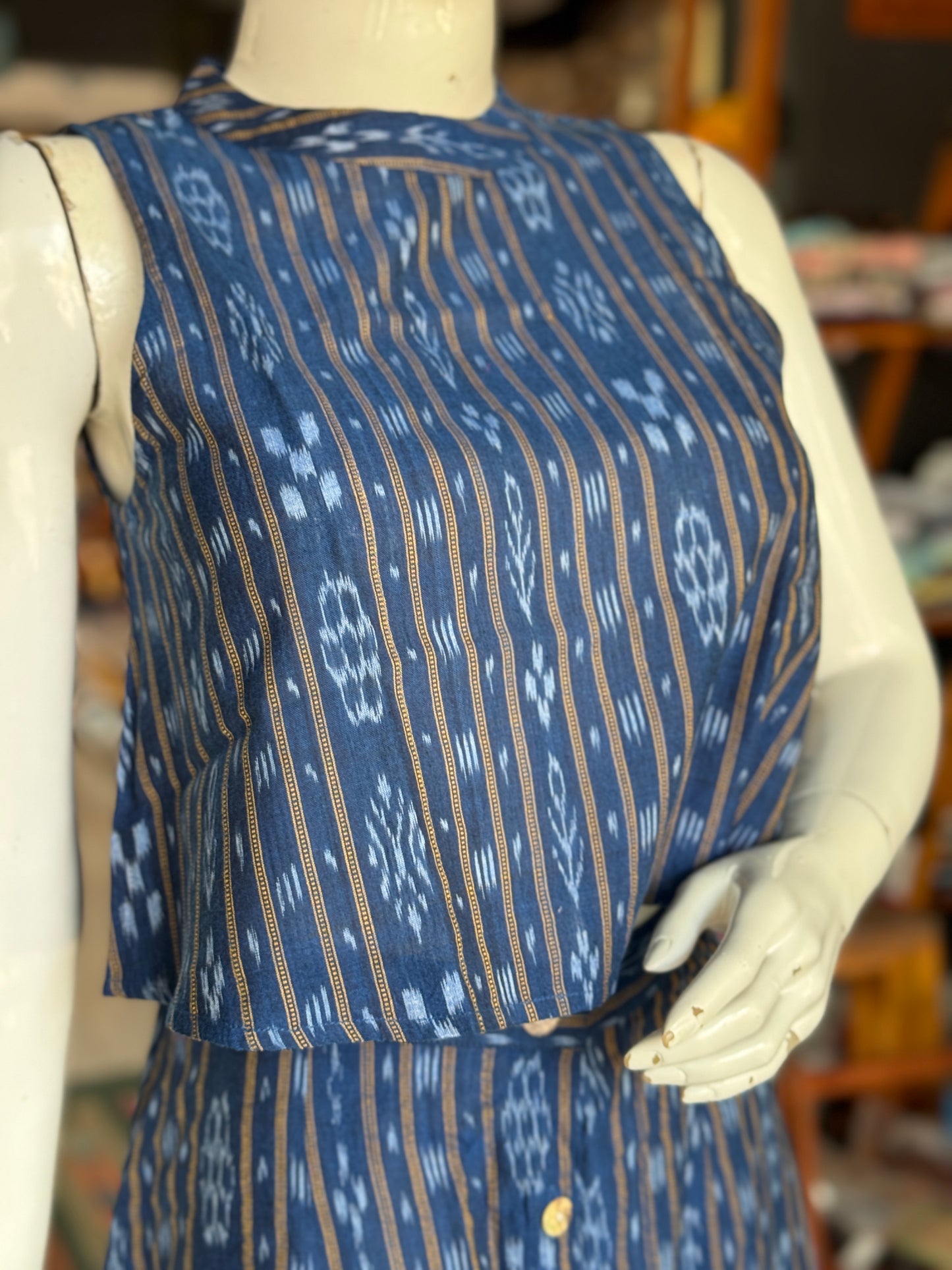 Blue ikat handwoven cotton coord set with sleeveless crop top and skirt with front buttons detailing