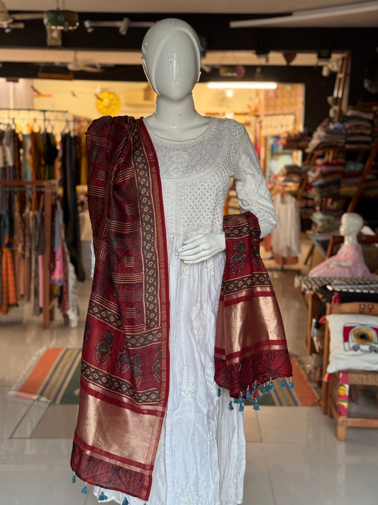 Maroon checkered Ajrakh Chanderi silk cotton dupatta with zari palla