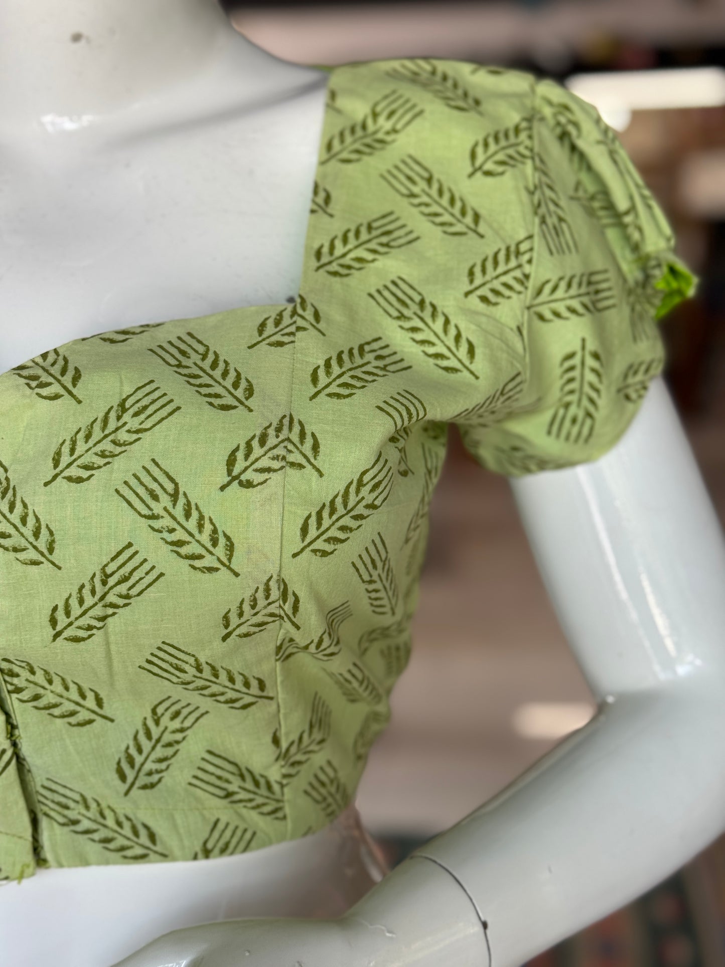 Green leaves handblock printed cotton front open blouse