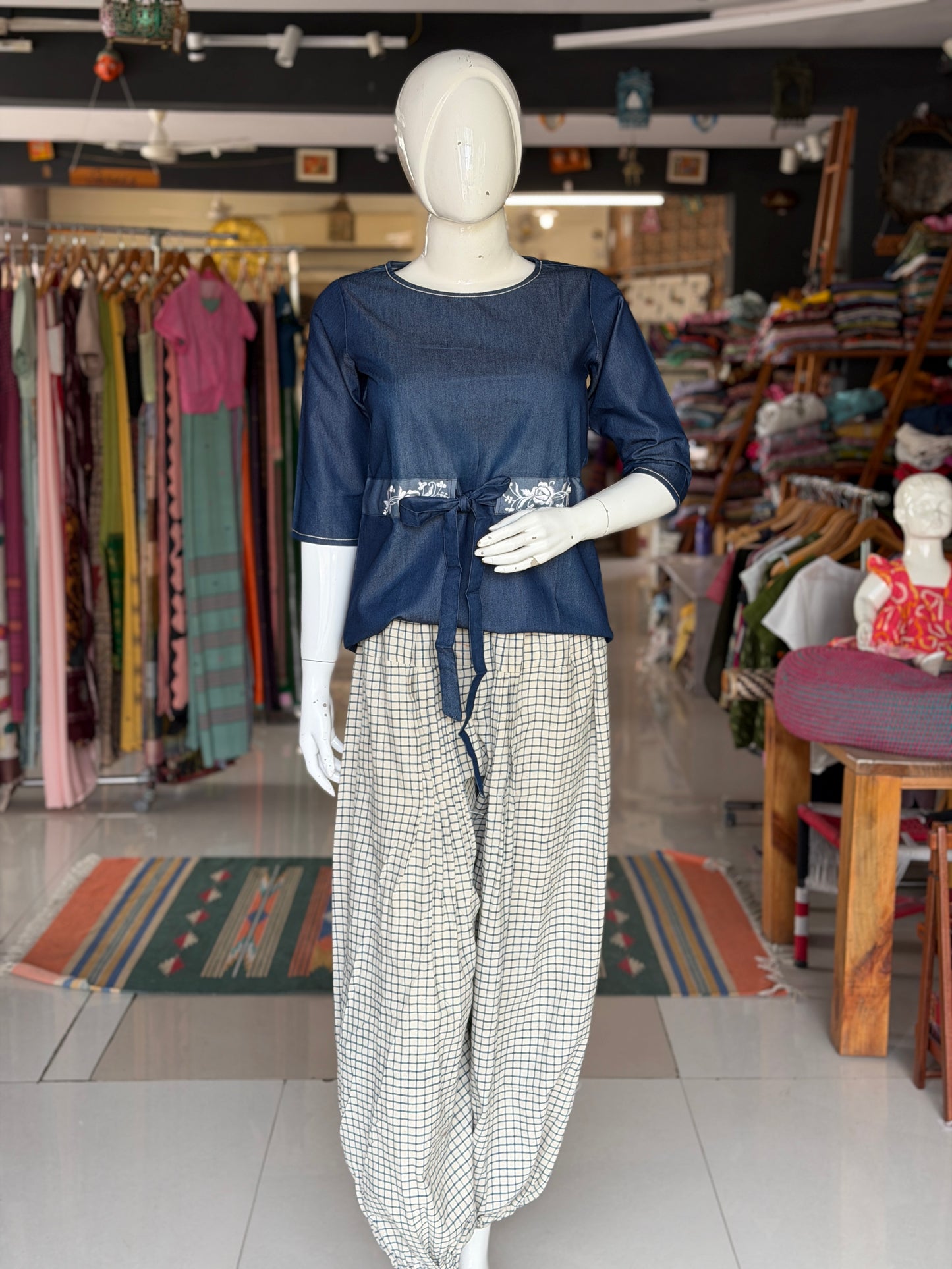 Blue denim top with waist belt and embroidery