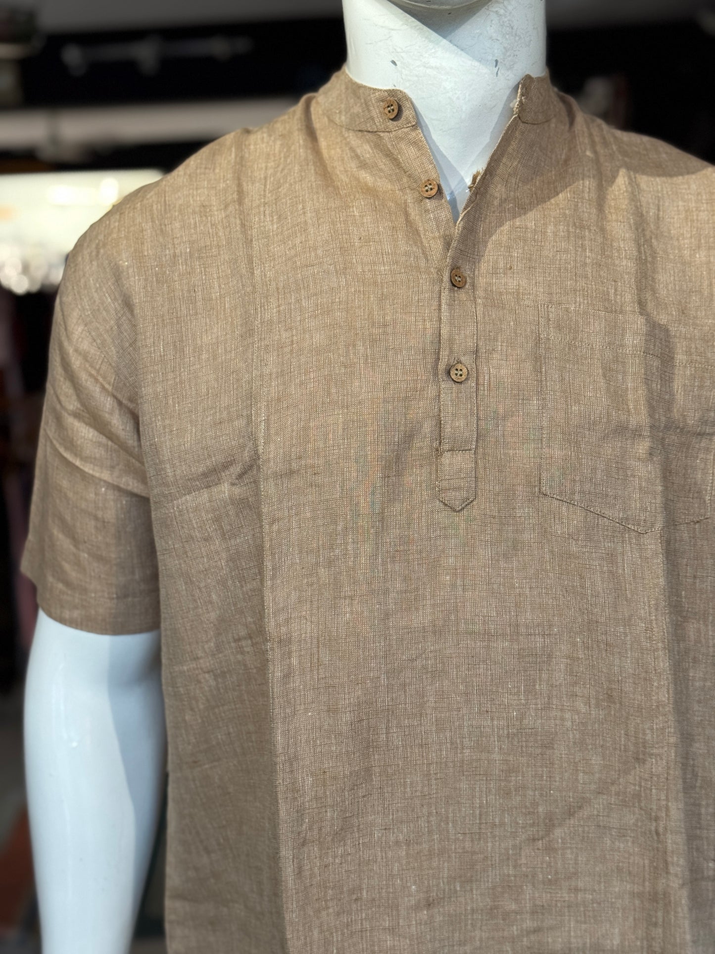 Light brown handwoven linen band collared short kurta for men with wooden buttons