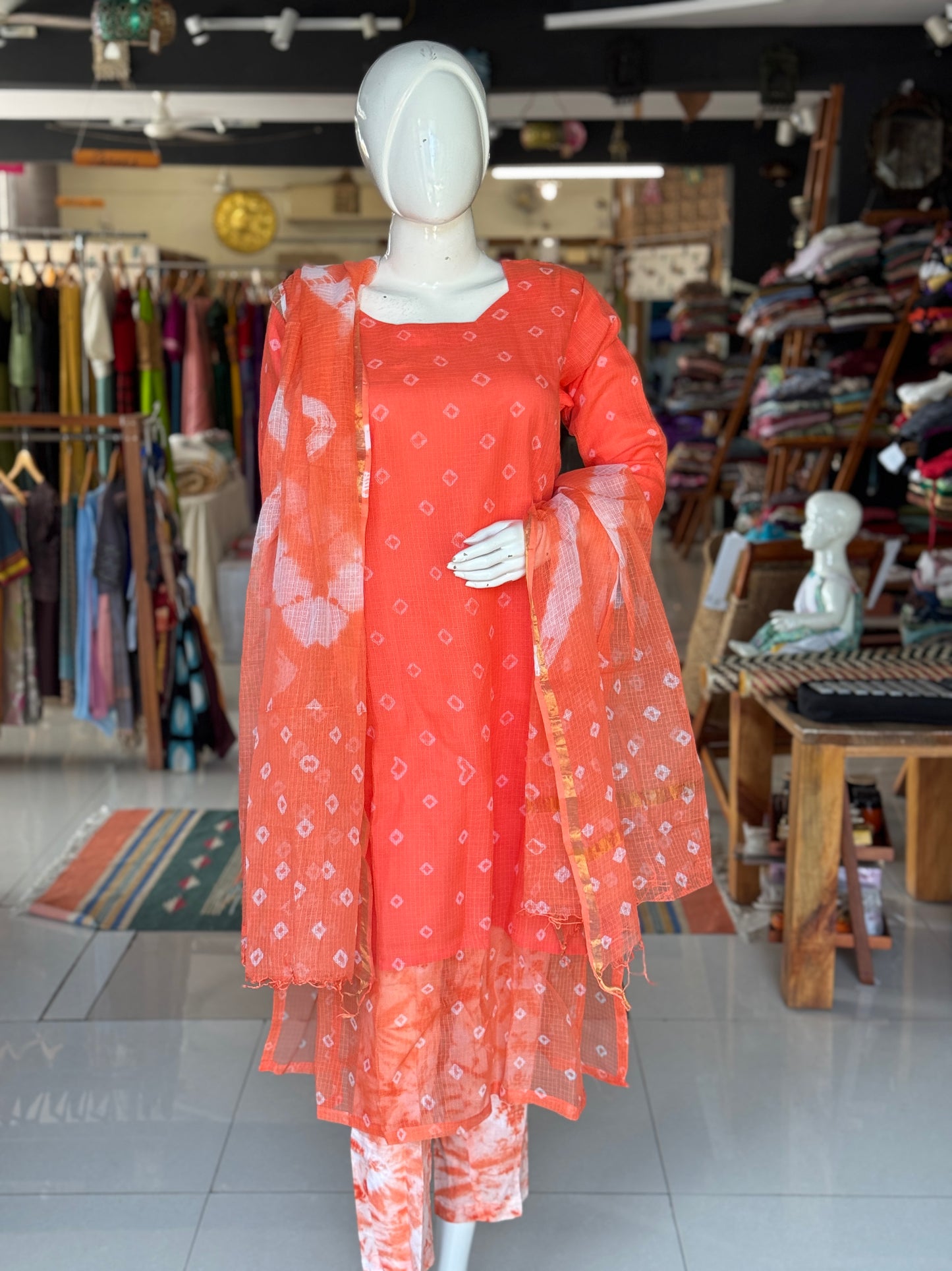 Orange n white tie n dye straight satin  cotton pants