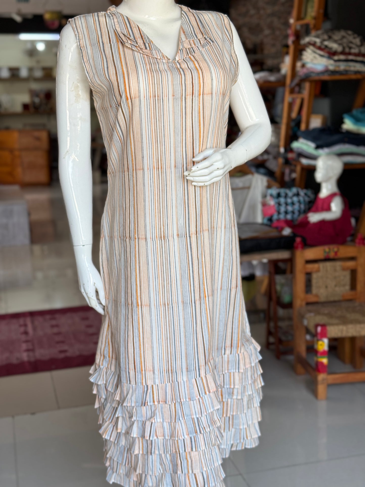 Orange grey stripes on offwhite handblock print cotton frills dress with multiple collars