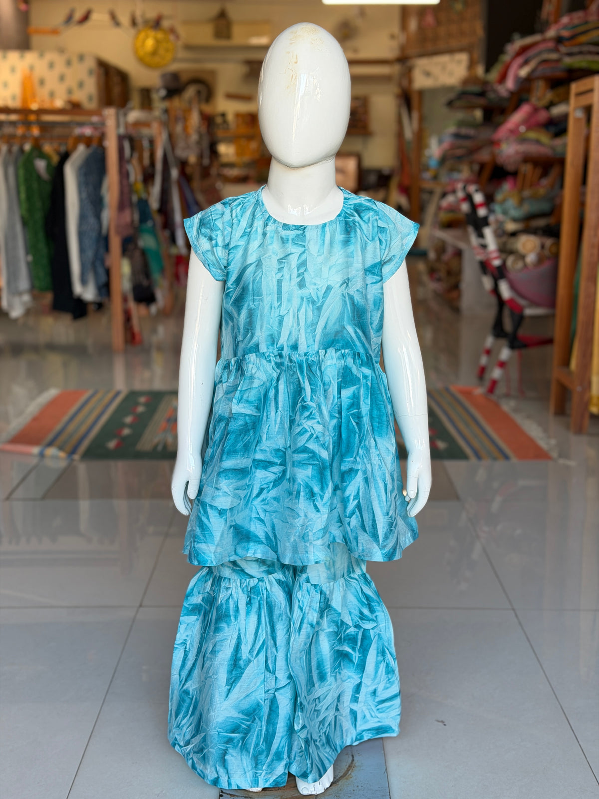 Aqua blue print flared kurta and sharara pants set for girls