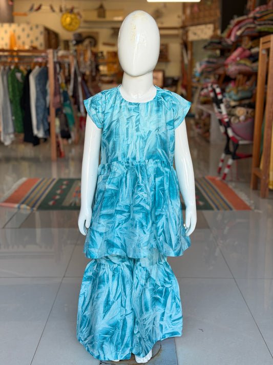 Aqua blue print flared kurta and sharara pants set for girls