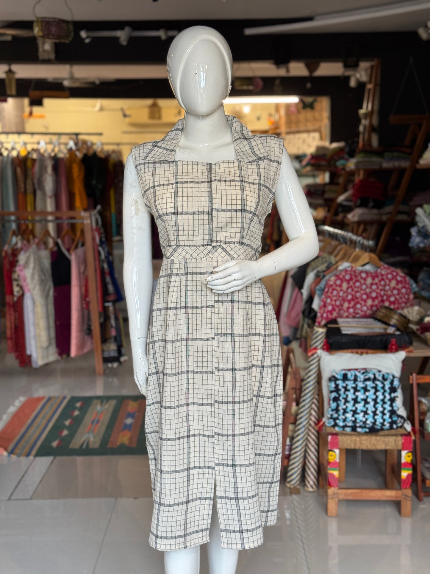 Off white checks kala cotton, handwoven dress with collared square neck