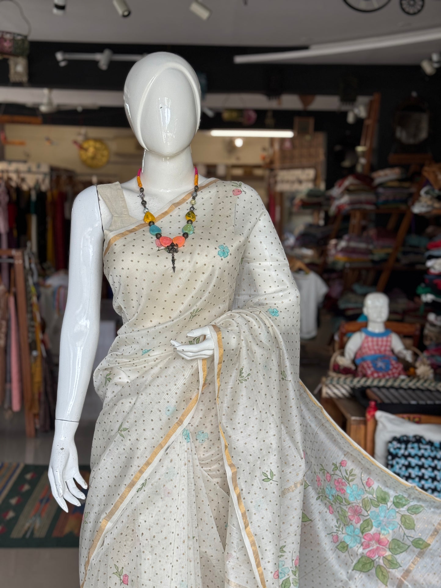 Off white with gold polka dots hand block print and flowers hand painted silk cotton saree