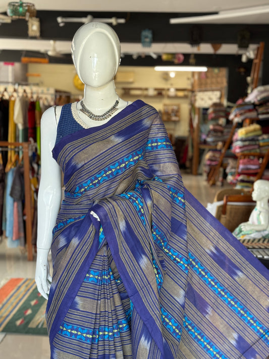 Blue stripes Chettinad cotton handloom yardage / saree