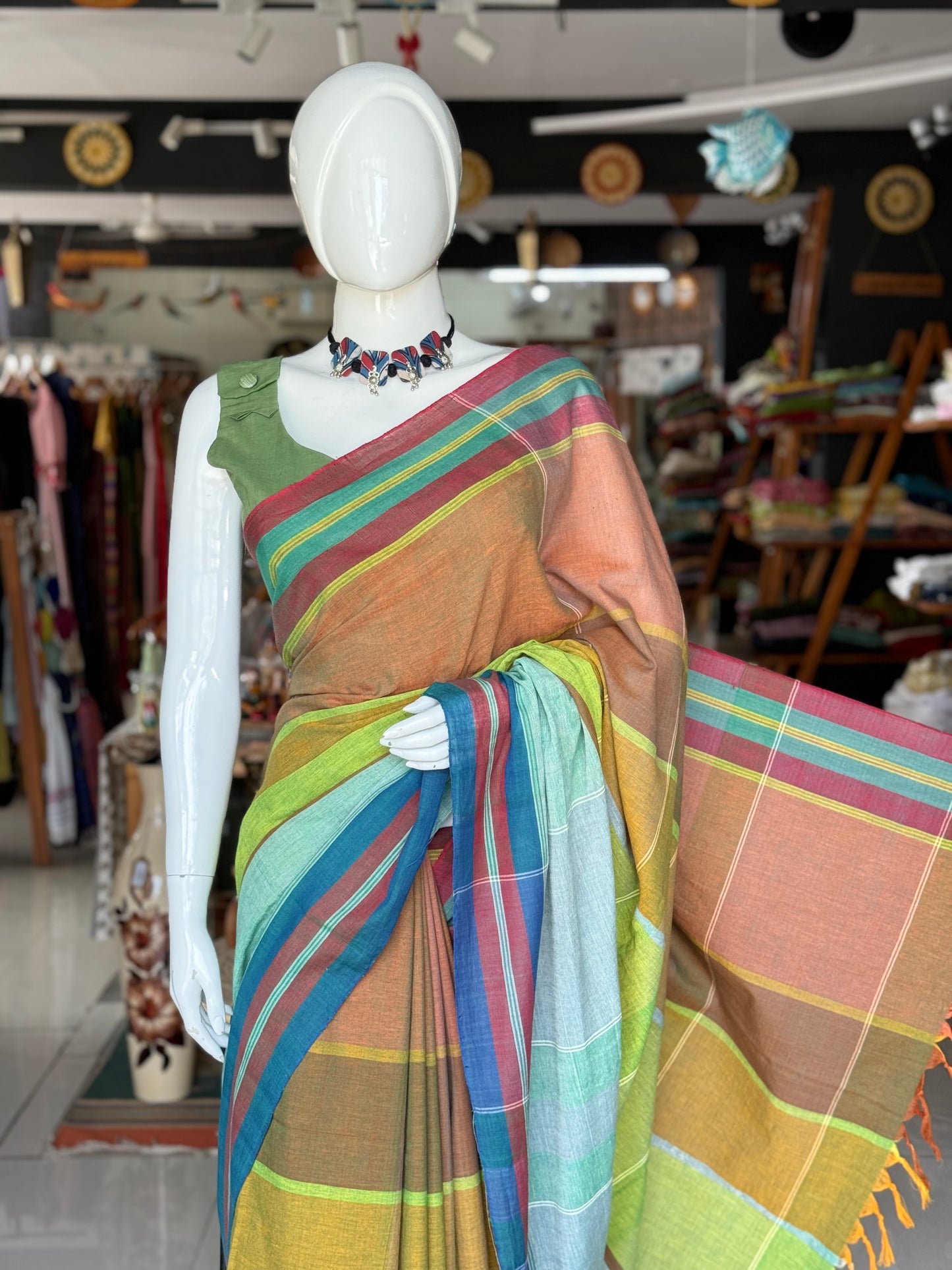 Brown and green color block hand woven soft cotton unique designer saree