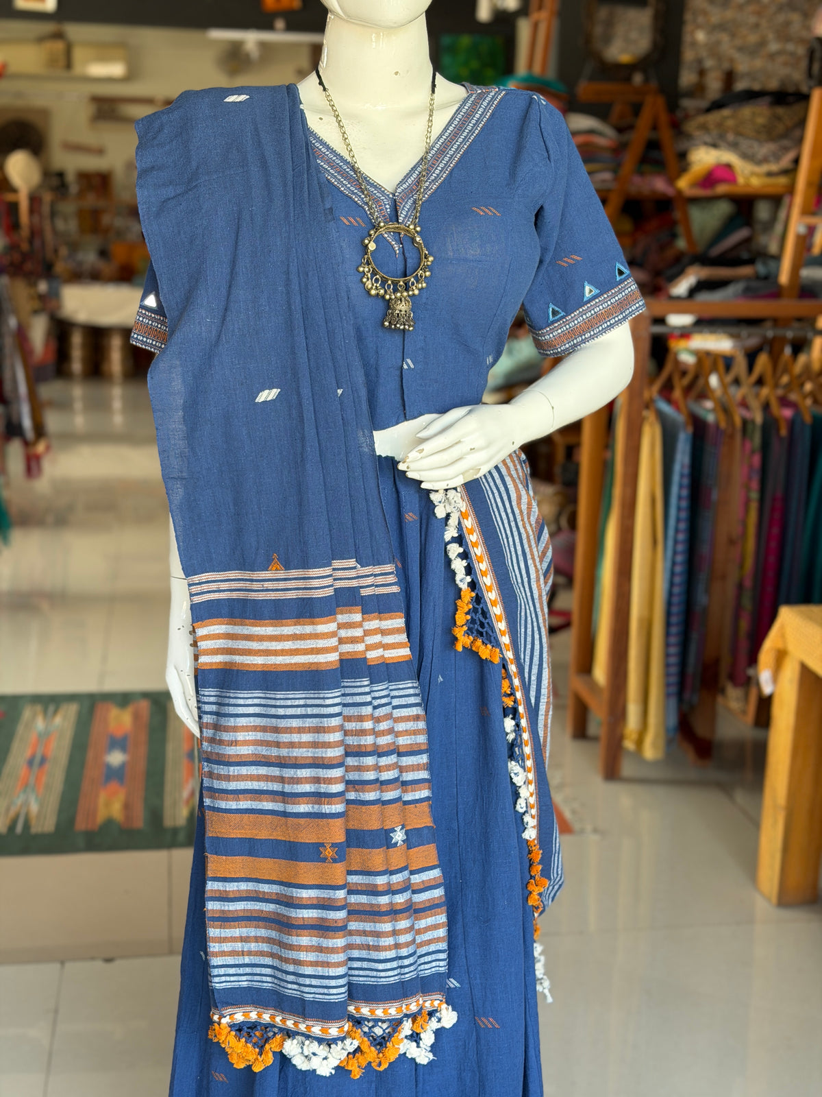 Indigo Bhujodi kala cotton handloom blouse with mirror work on sleeves and back