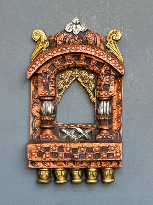 Copper, gold and silver tones Jharokha in wood - hand crafted wall decor