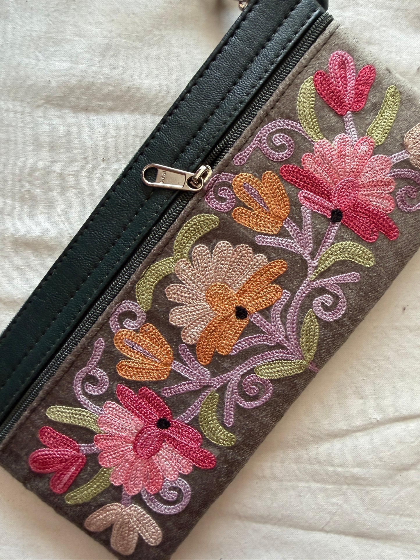 Wristlet pouch with Kashmiri floral Aari embroidery - 3 zippers - color options available
