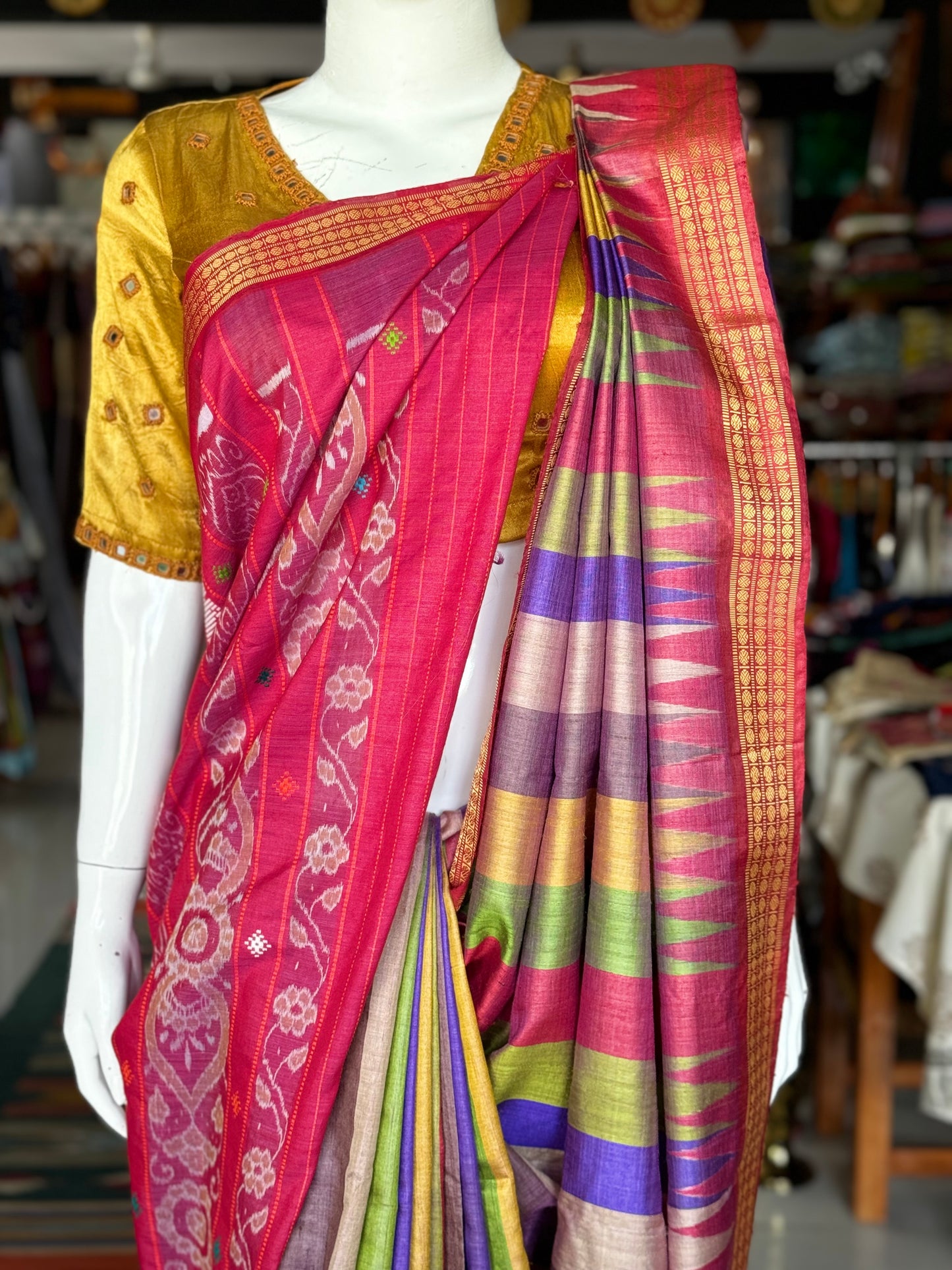 Colourful stripes tussar silk handloom saree with Ikat and hand motifs pallu