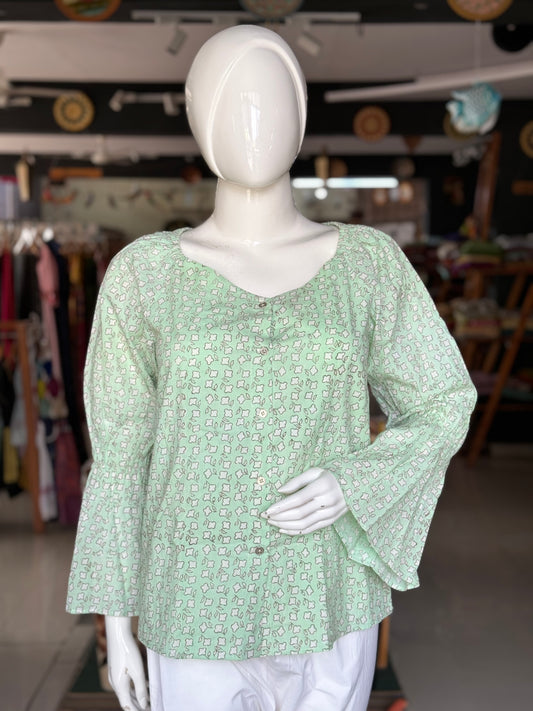 Light green cotton hand block printed tunic with long sleeves