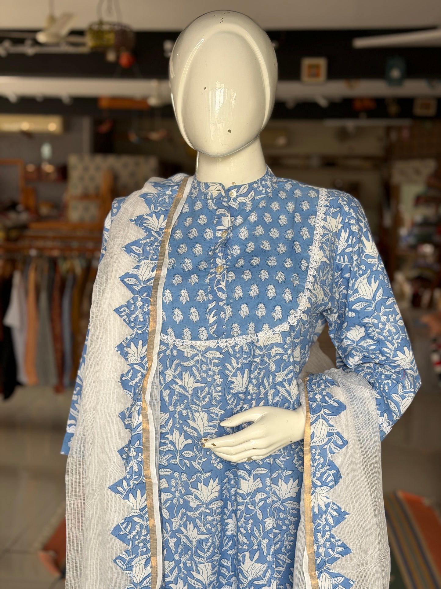 Blue floral hand block print flared kurti, pants and dupatta - 3 piece set with kota patch with dupatta