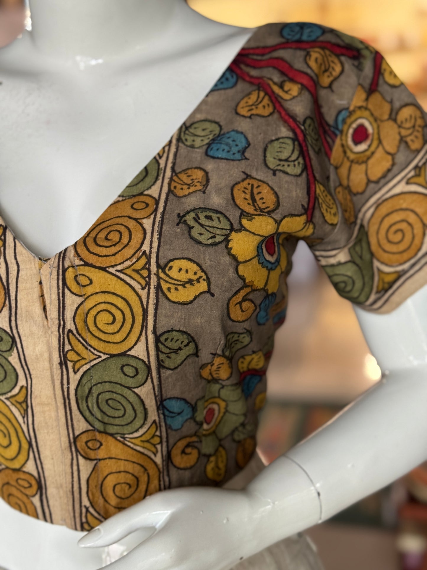 Pen kalamkari hand painted cotton with sleeves blouse with lining - multiple colors and designs available