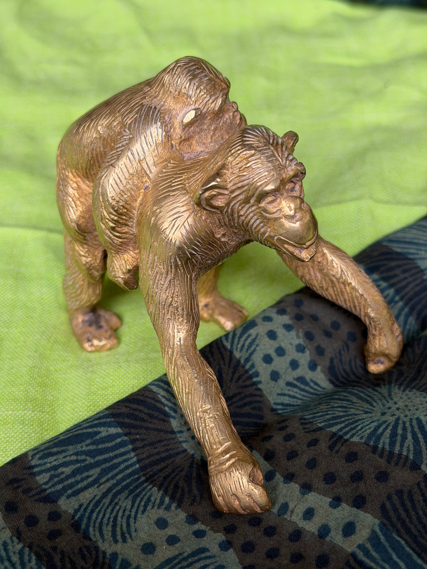 Motherly love - handcrafted brass vintage piece of mom ape carrying child ape on back