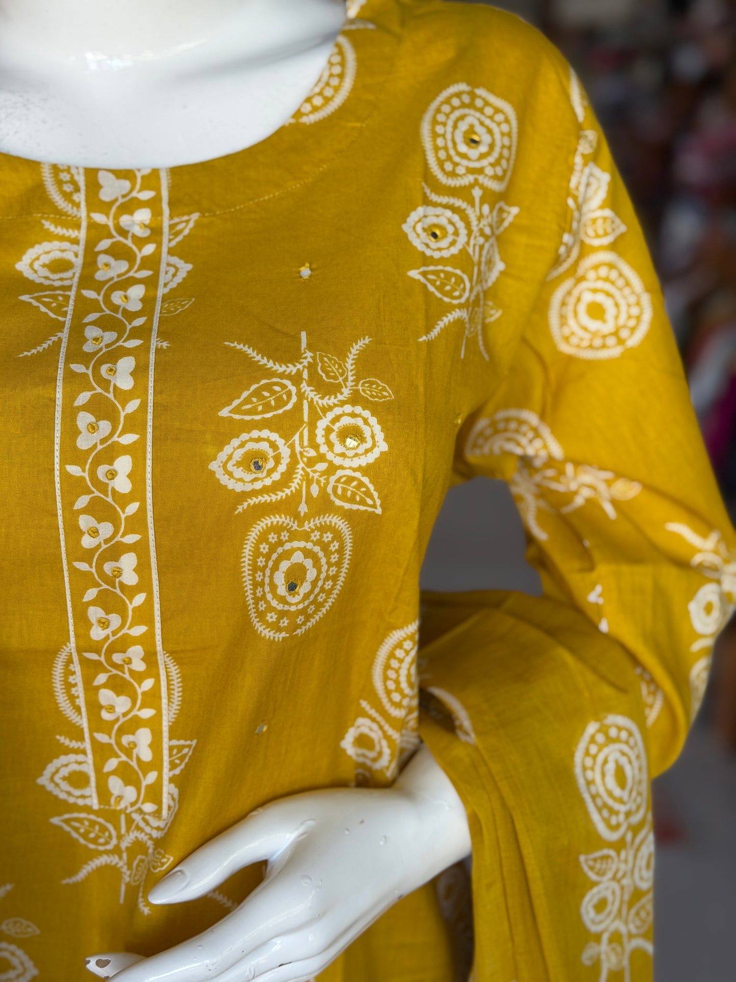 Mustard yellow plus size cotton embroidered straight kurti, pants and dupatta - 3 piece suit set - multiple sizes available