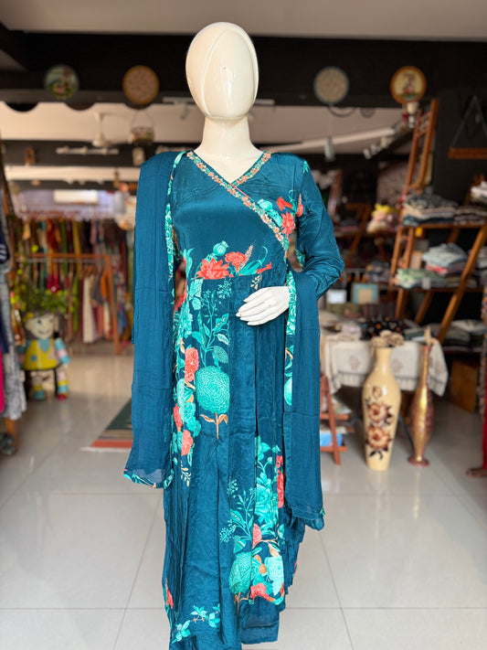 Turquoise blue floral print angrakha style crepe embroidered 3 piece suit set with sharara pants - festive wear set