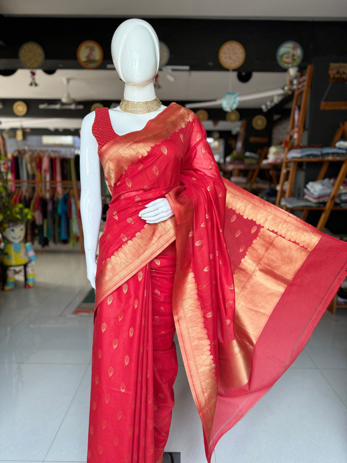 Red Banarasi cotton saree with grand look