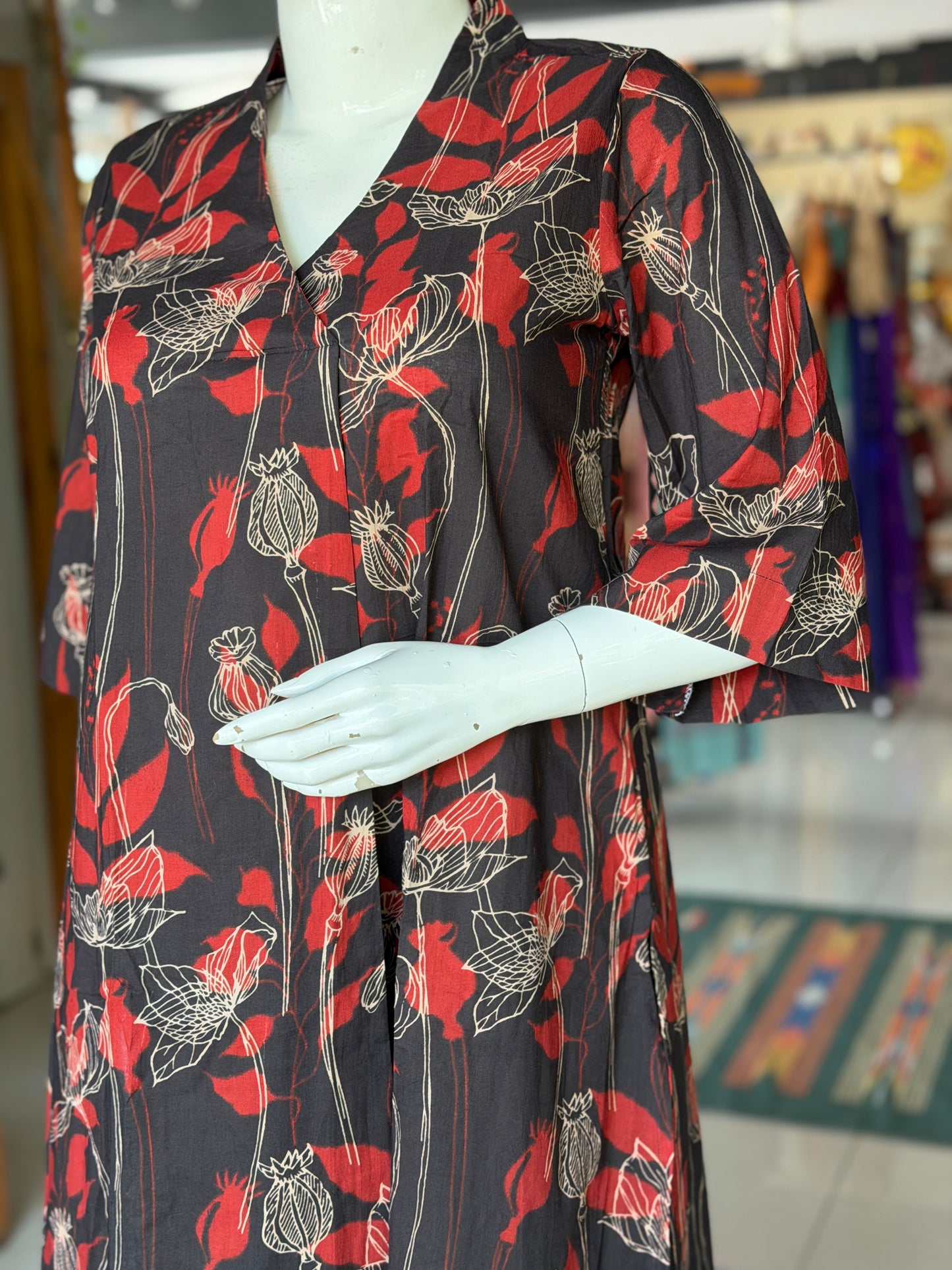 Black and red cotton front pleated kurti, pants - 2 piece set