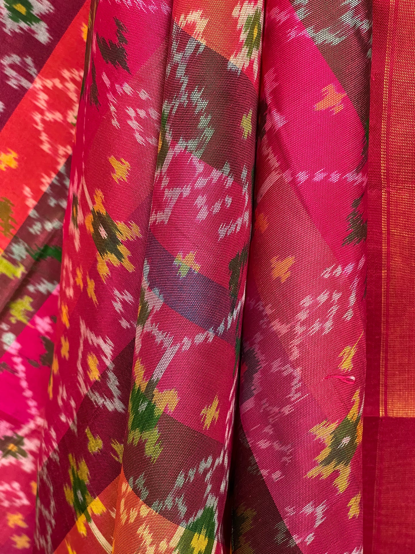 Handwoven mulberry silk ikat patola dupatta on multiple coloured stripes base