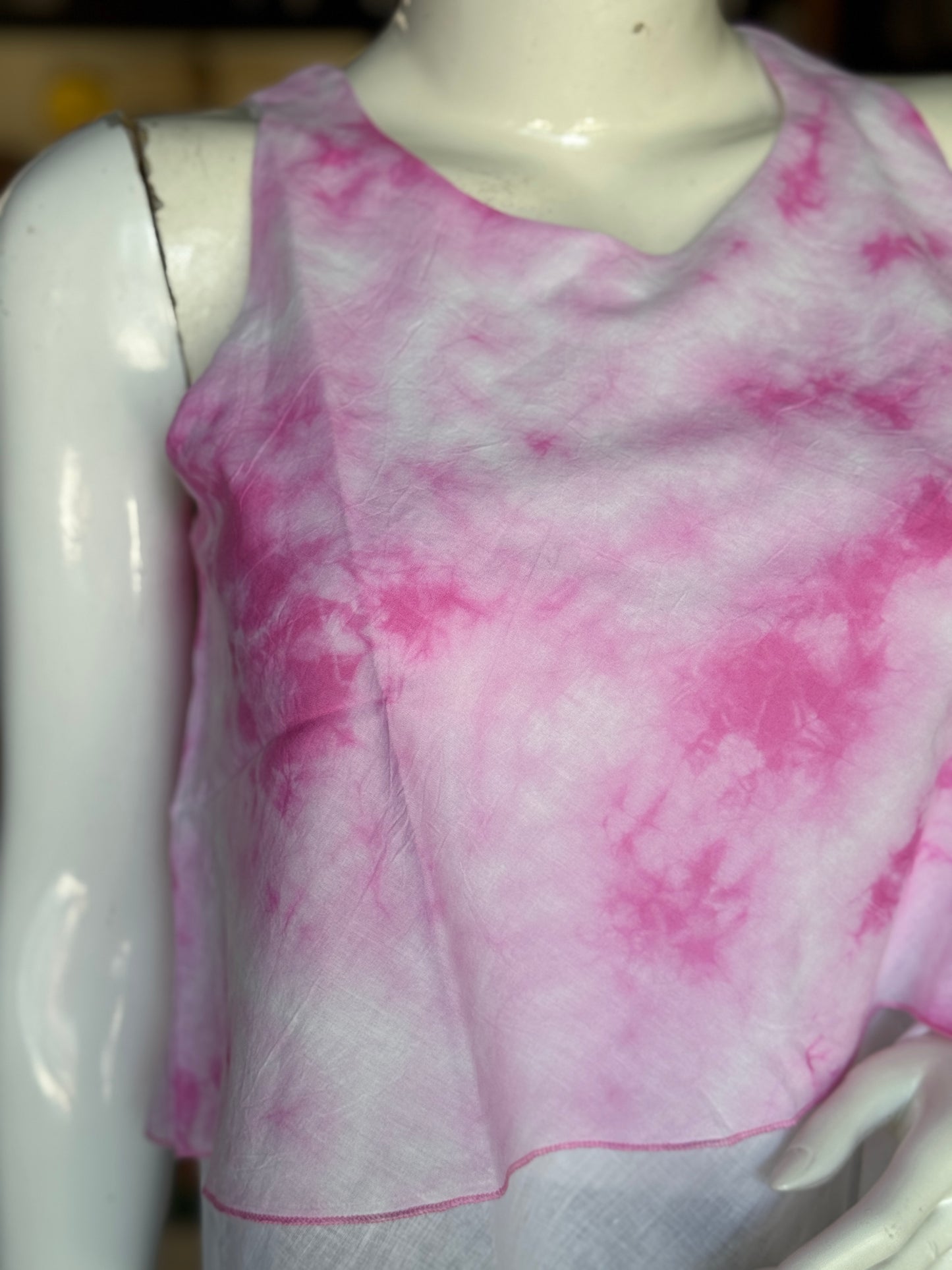 Pink sleeveless layered top in natural dyed, tie n dye soft mul cotton