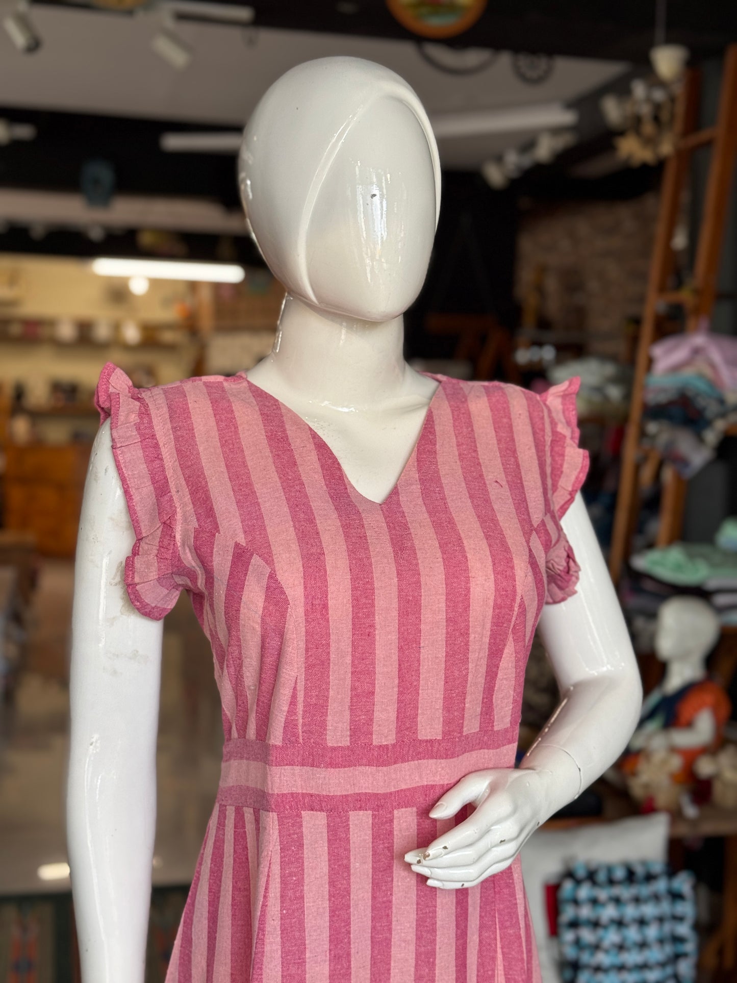 Pink stripes kala cotton, handwoven dress with gathered hem