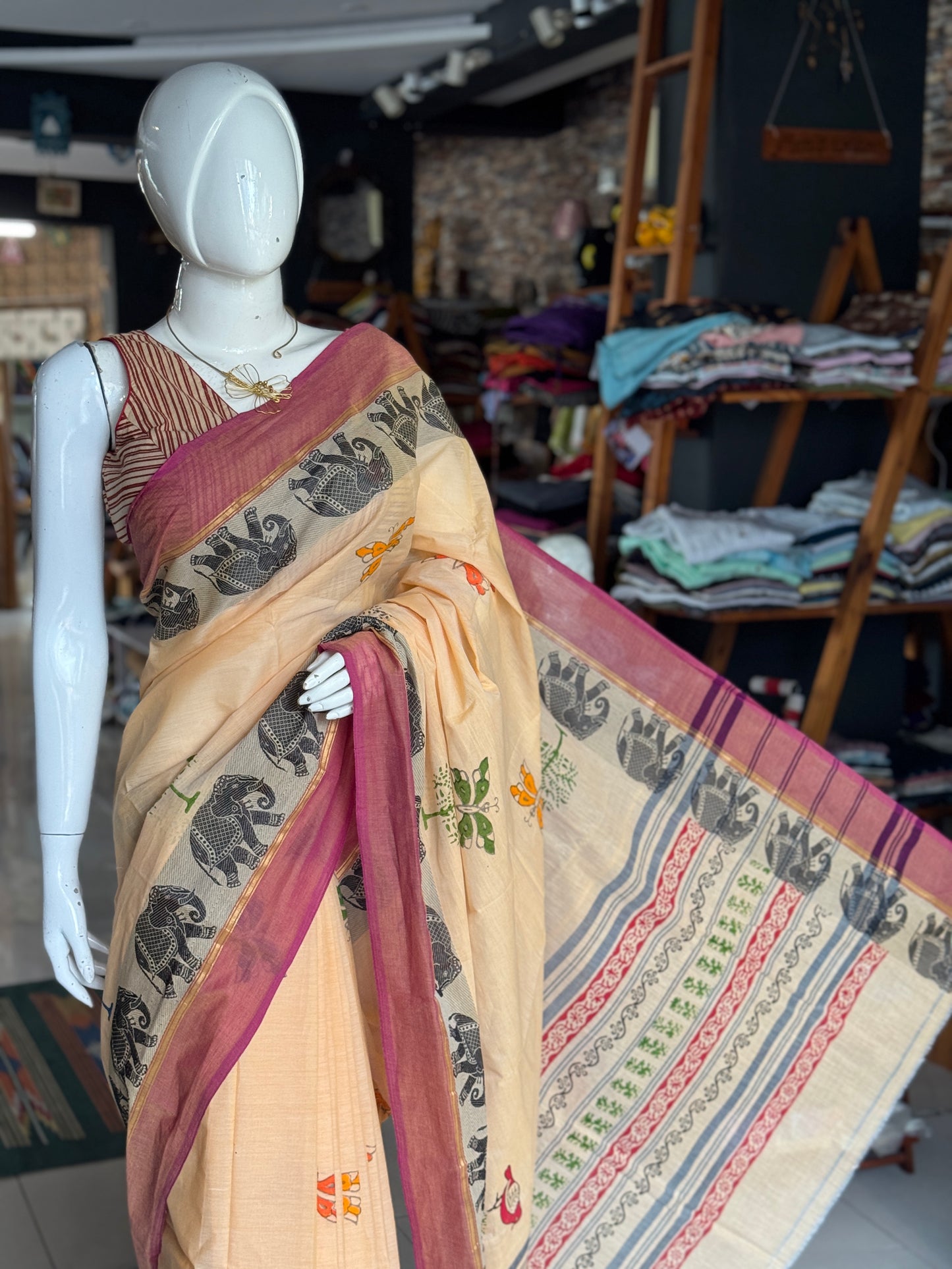 Sandal tone hand block printed Chettinad cotton saree - birds and butterflies