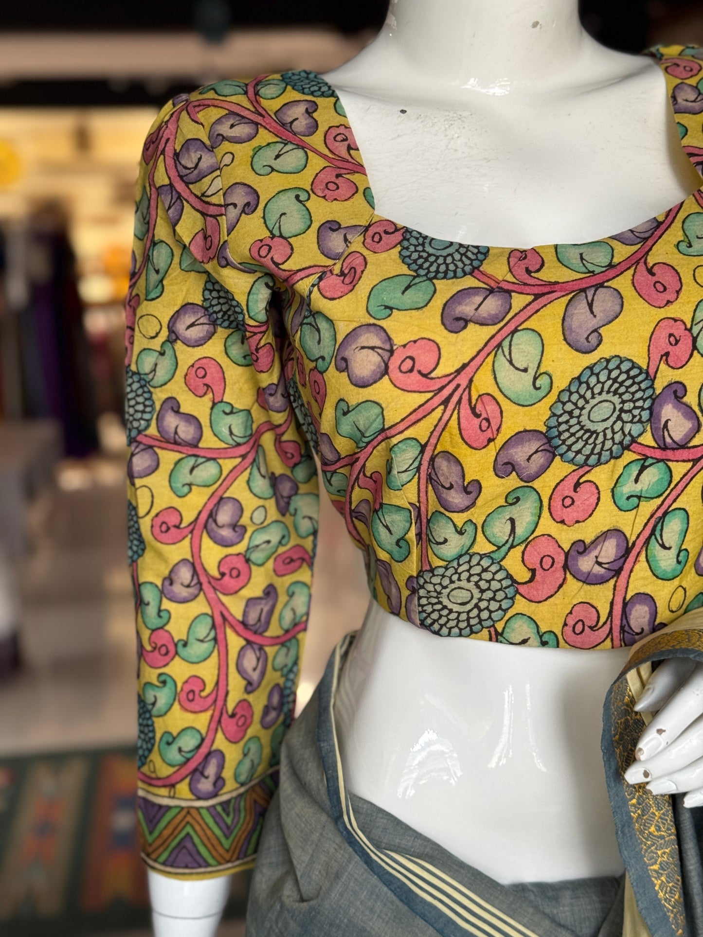 Yellow Pen kalamkari hand painted cotton blouse with long sleeves