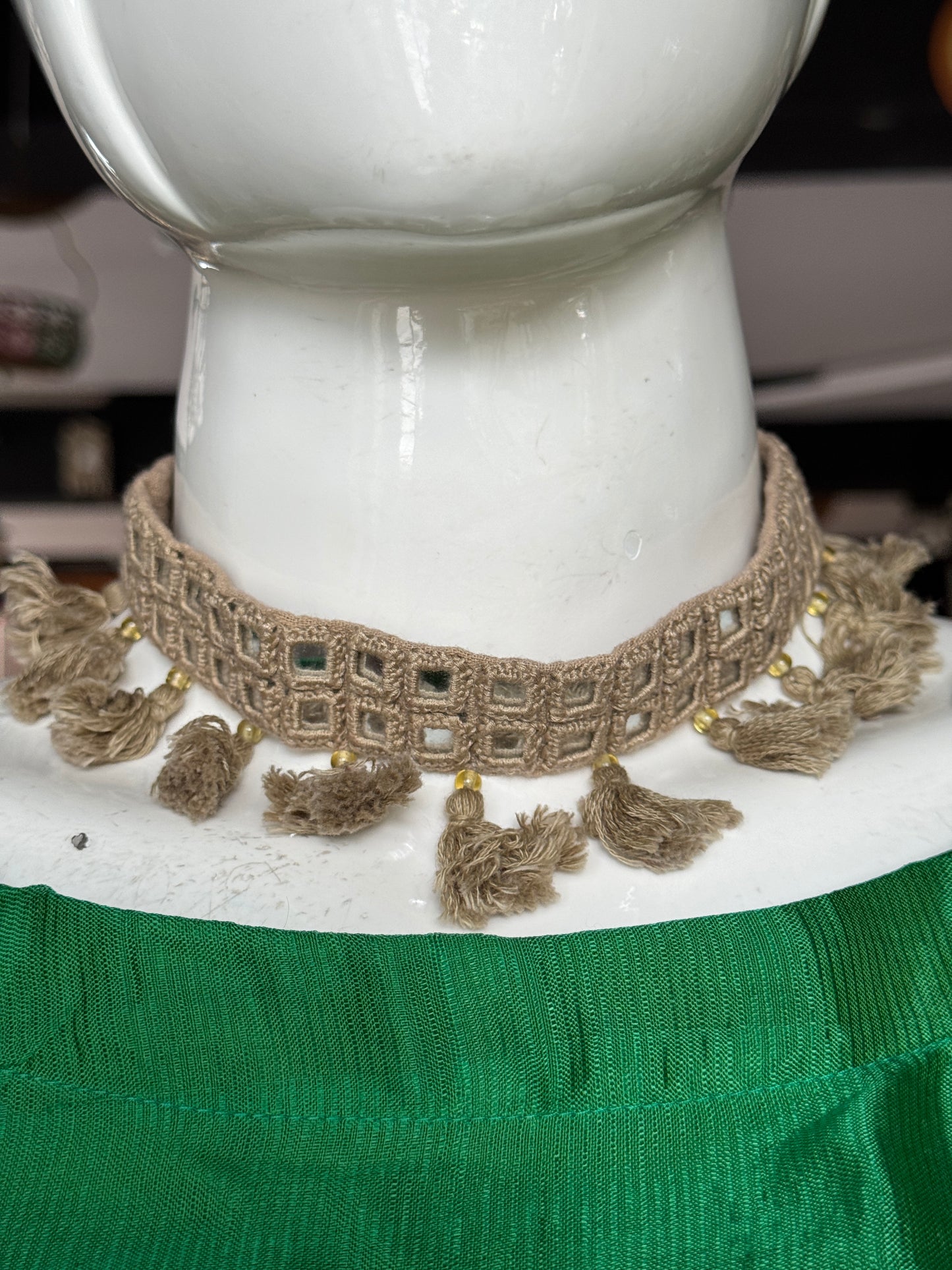 Beige mirror work hand embroidered choker