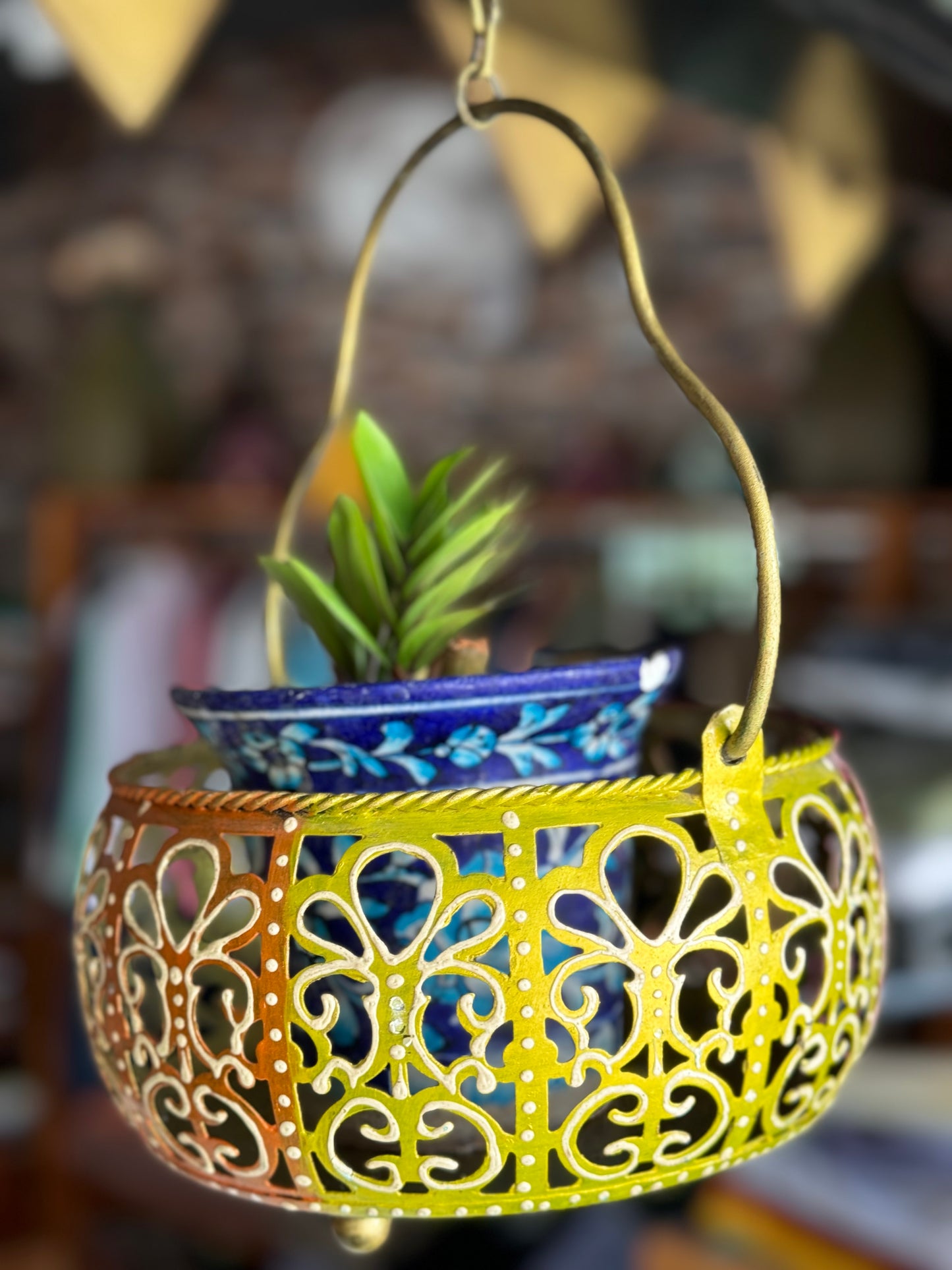 Metal jaali basket shaped planter decor