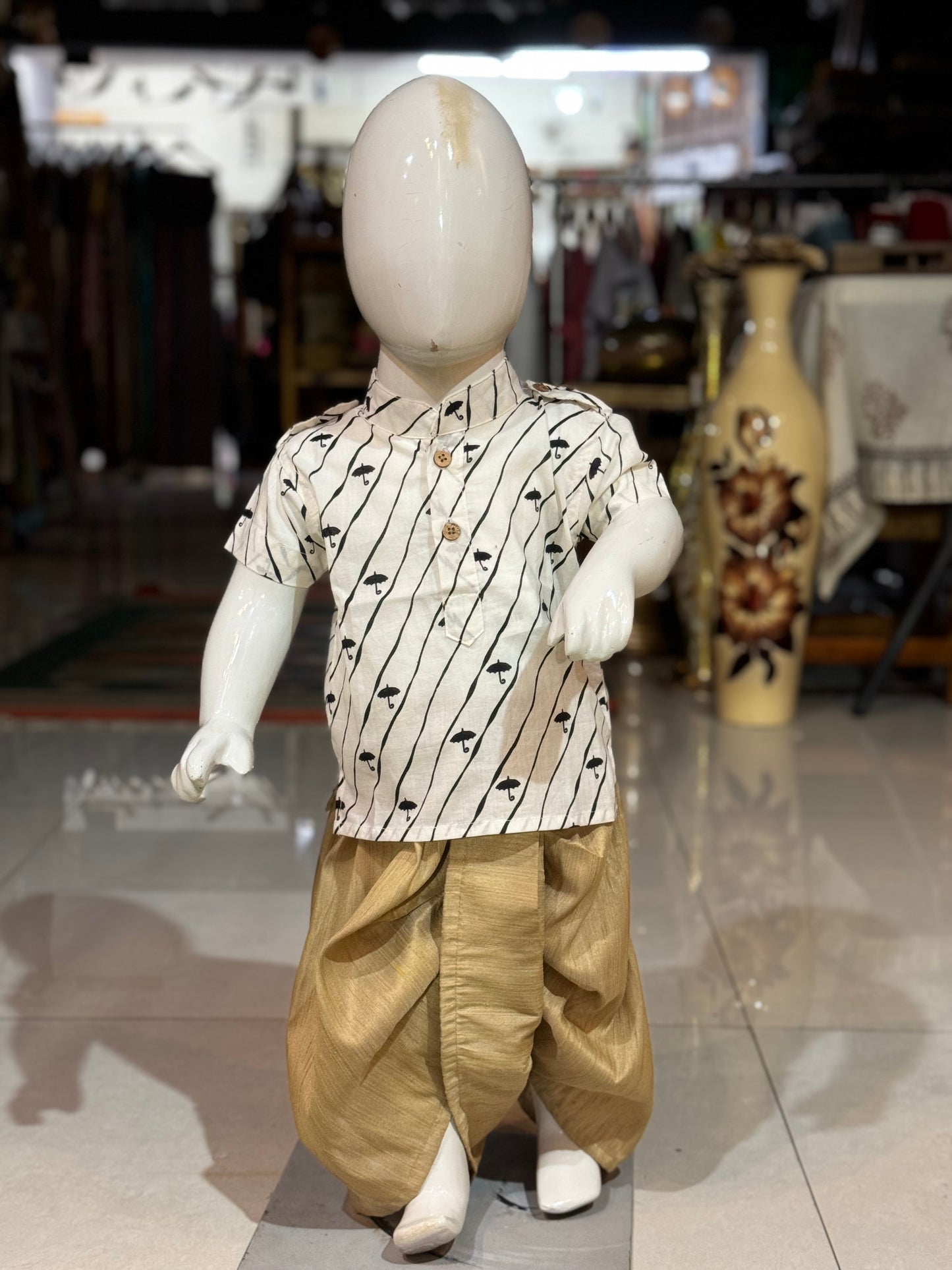 Umbrella print white cotton half sleeves short kurta