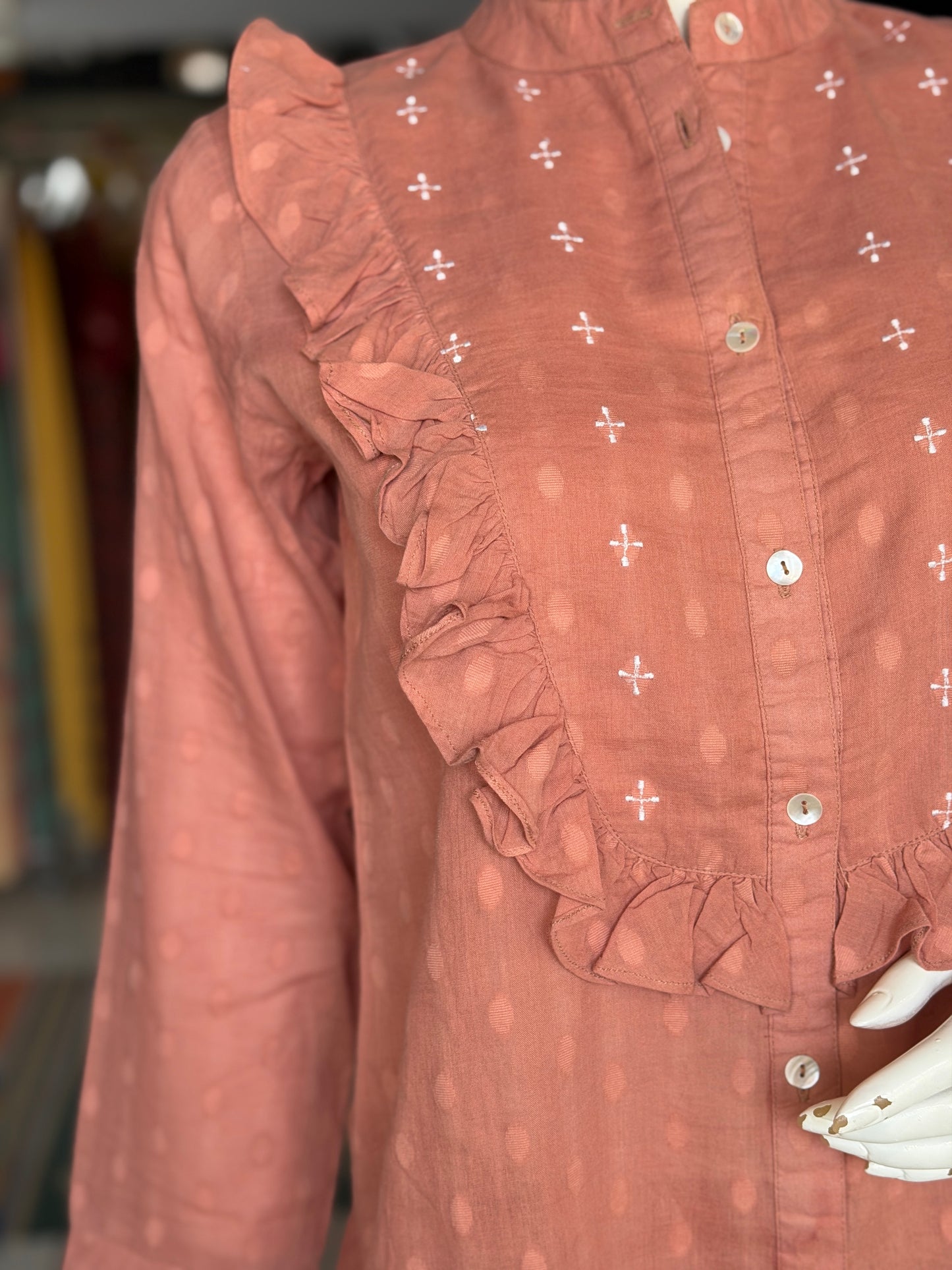 Peach dobby cotton ruffles full sleeves top