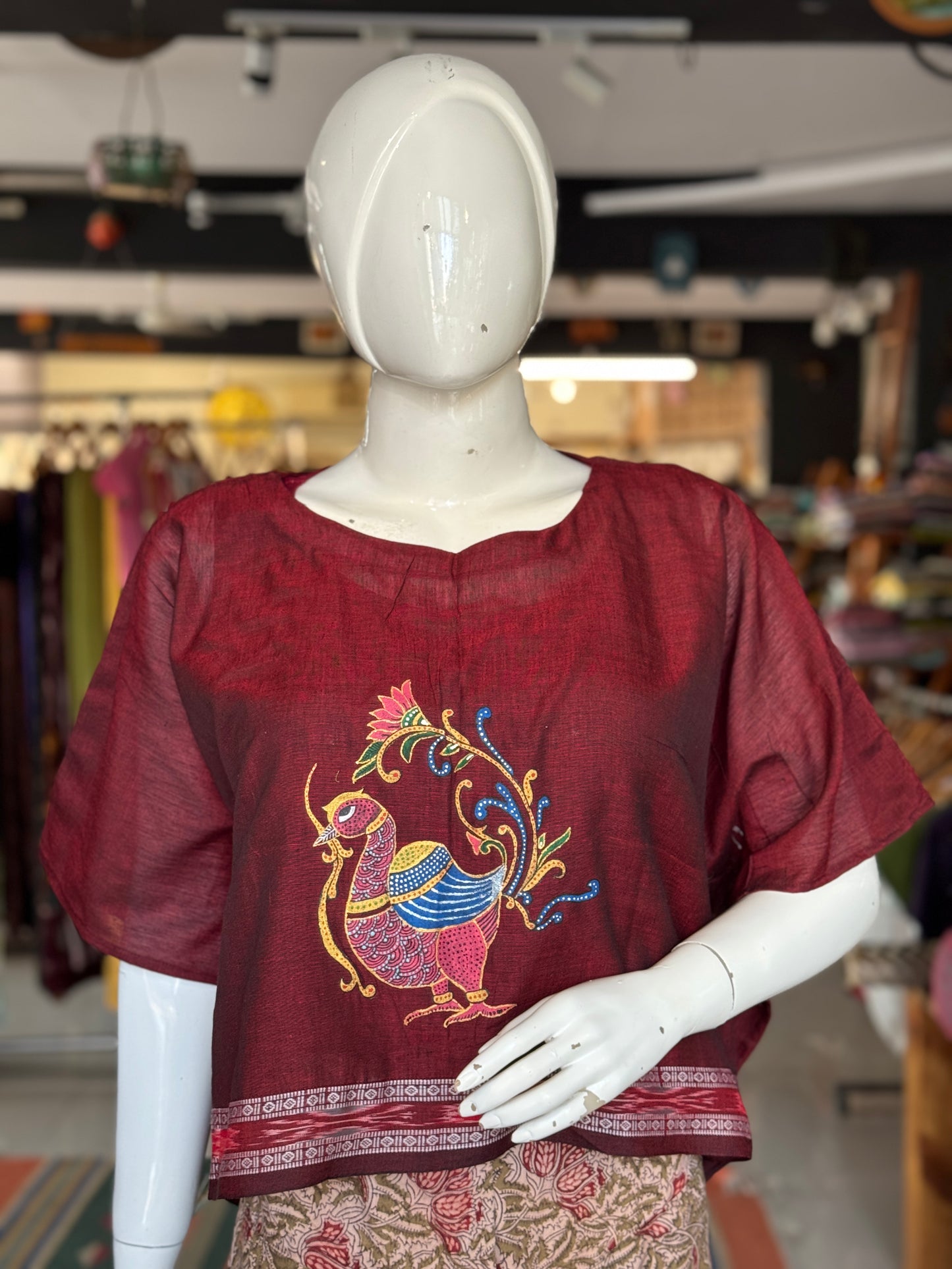 Maroon hand painted handwoven cotton kaftan top