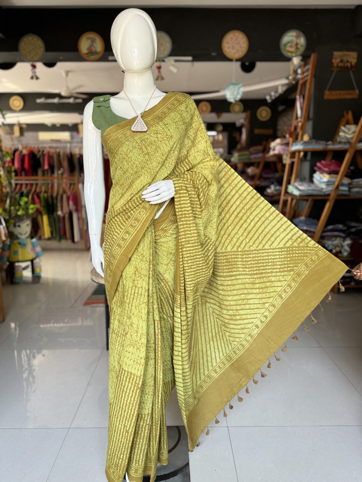 Olive green hand batik soft cotton saree