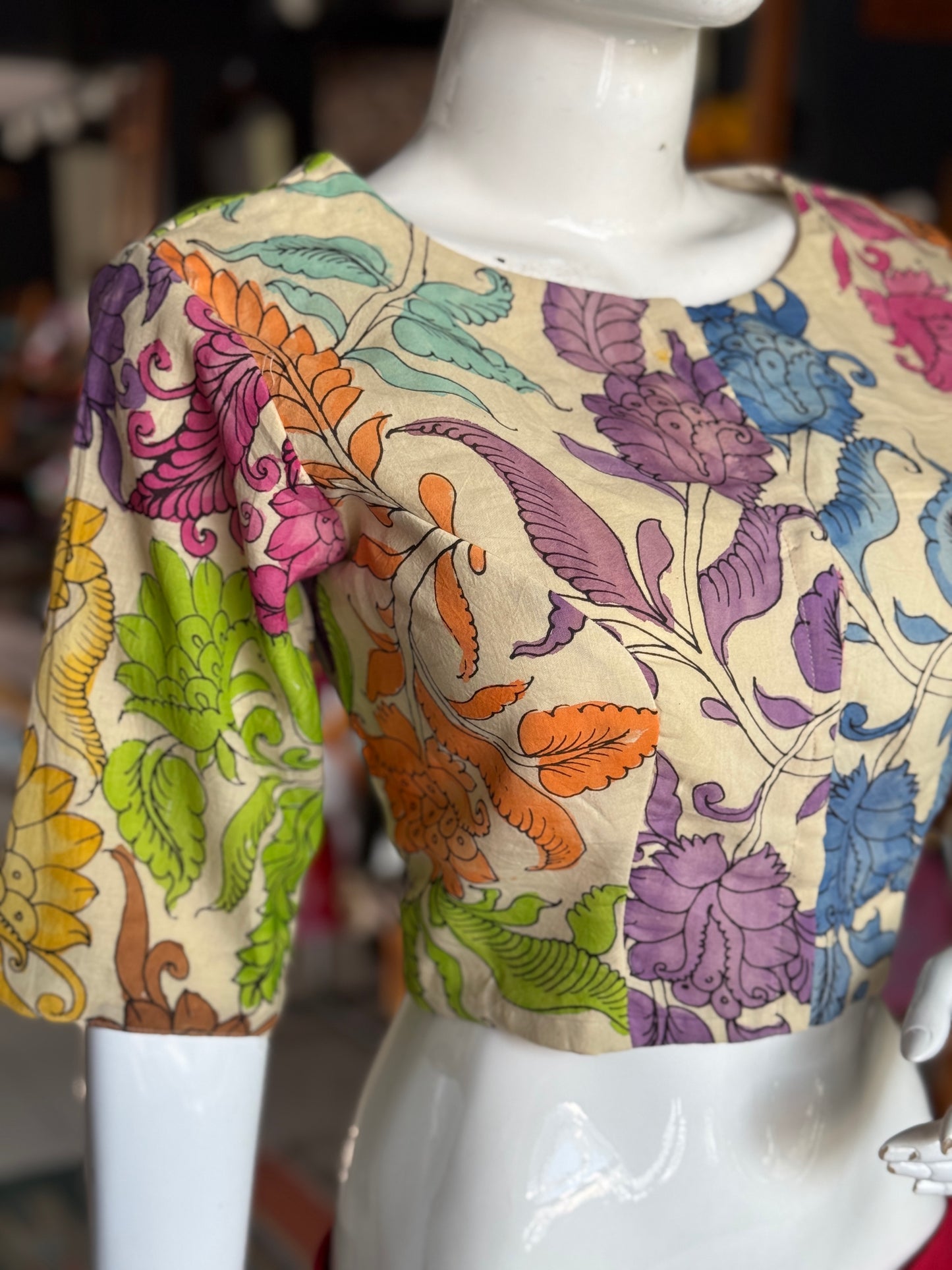 Cream Pen Kalamkari hand painted silk blouse with colorful vines - with elbow sleeves
