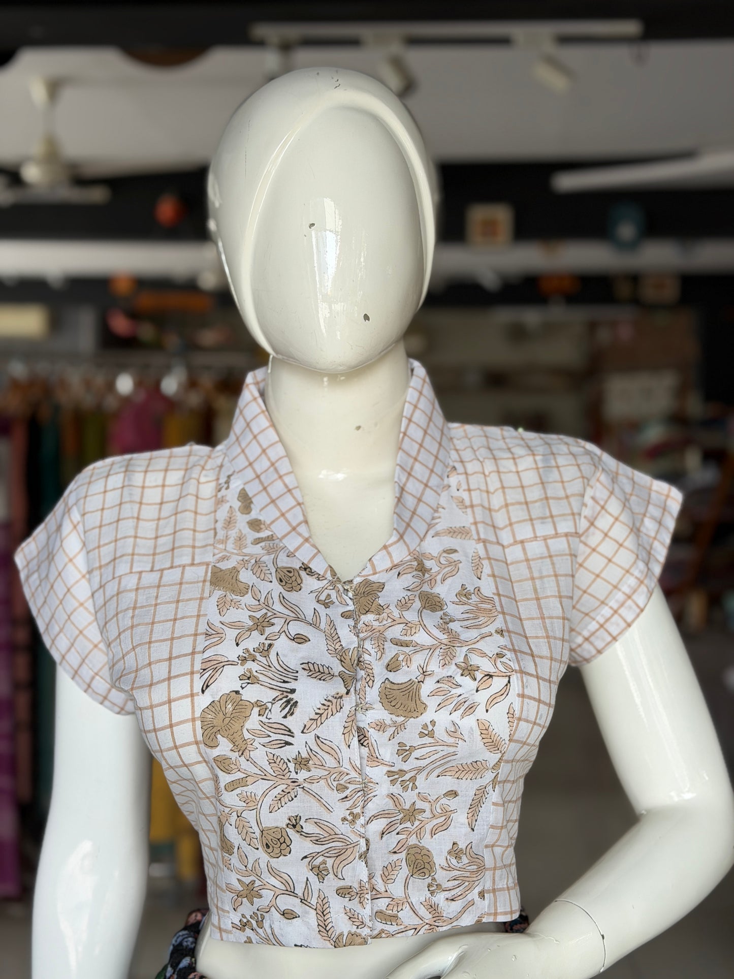 White brown checks and floral combination collared handloom cotton front open blouse