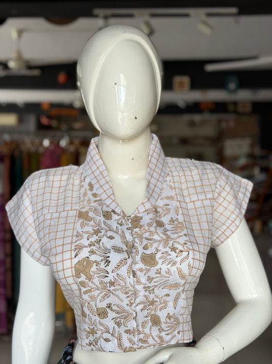 White brown checks and floral combination collared handloom cotton front open blouse