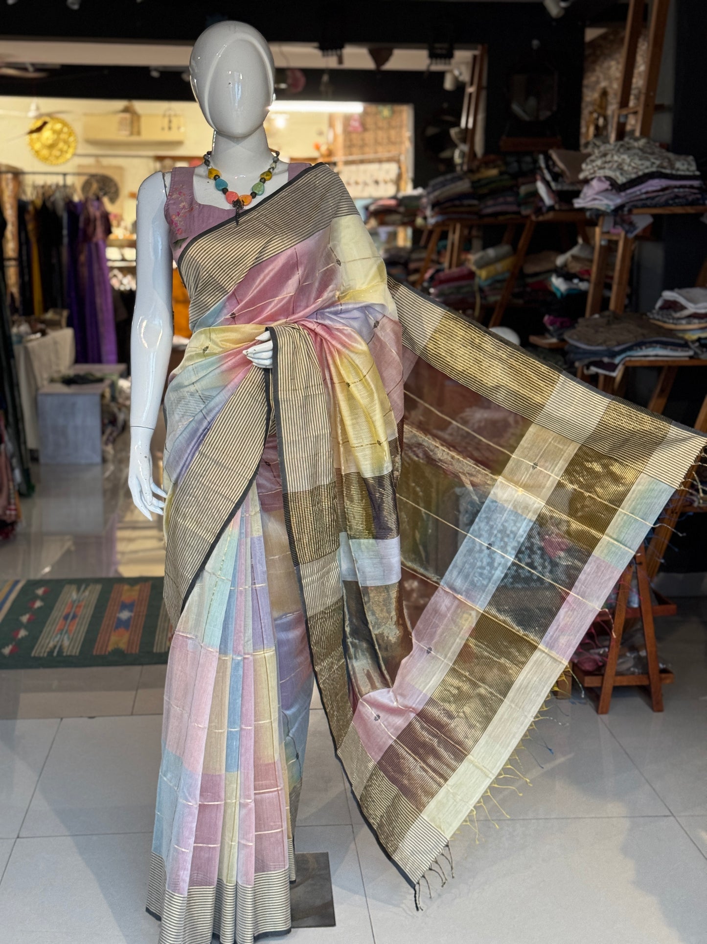 Multi color star buti stripes silk cotton Maheshwari handloom saree