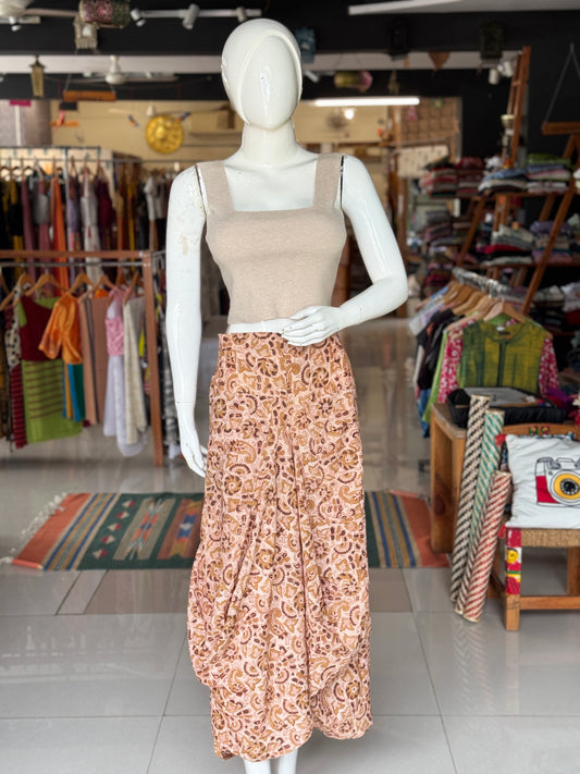 Olive green on cream Kalamkari hand block printed cotton designer skirt - with pockets