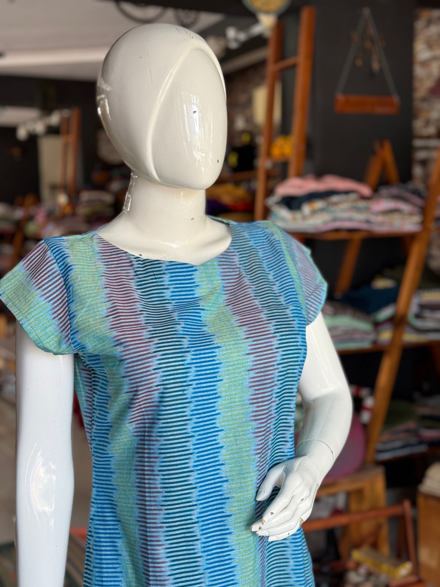 Blue ikat hand woven cotton straight kurti