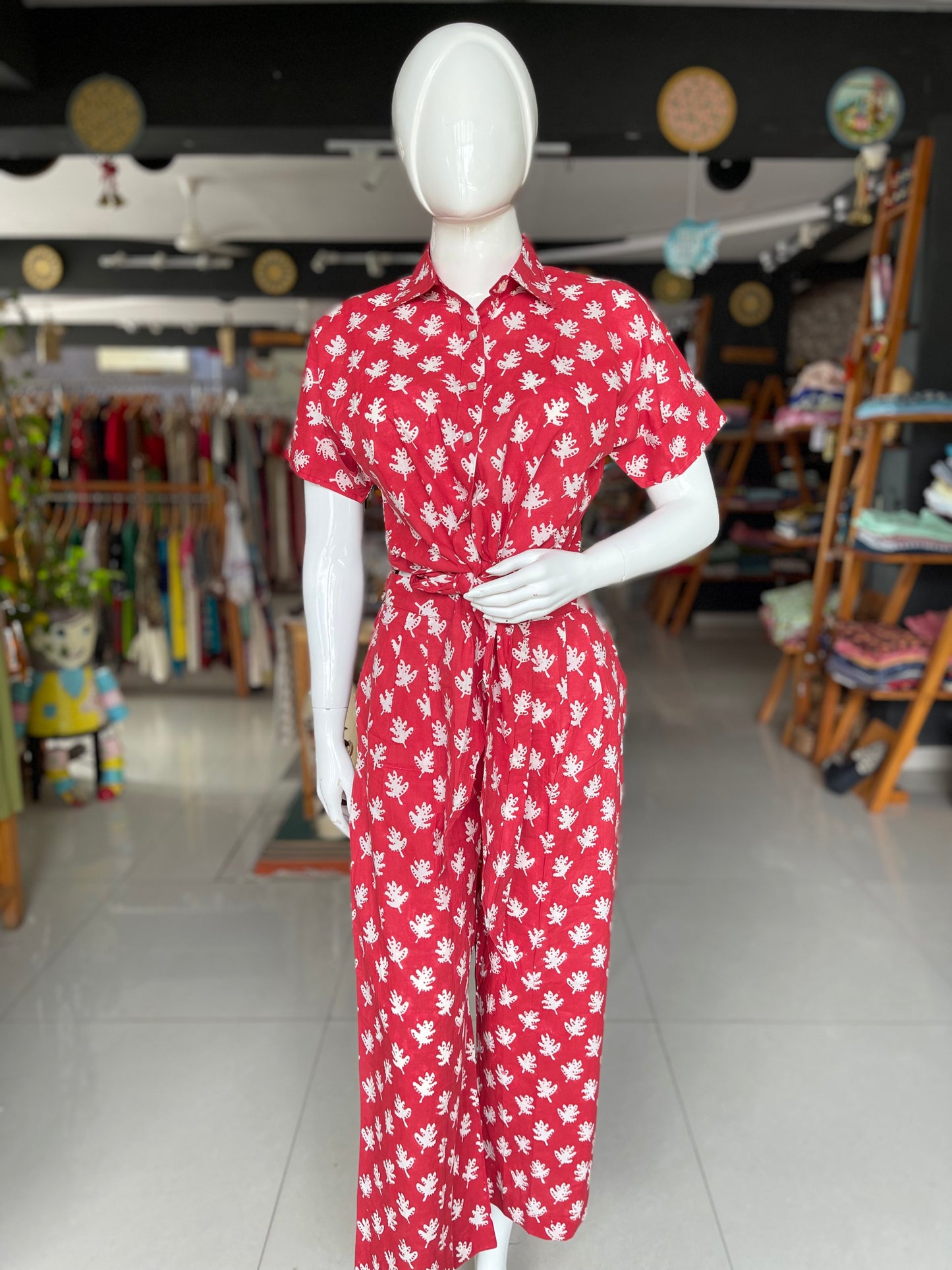 Red hand block printed collared cotton top and pants coord set