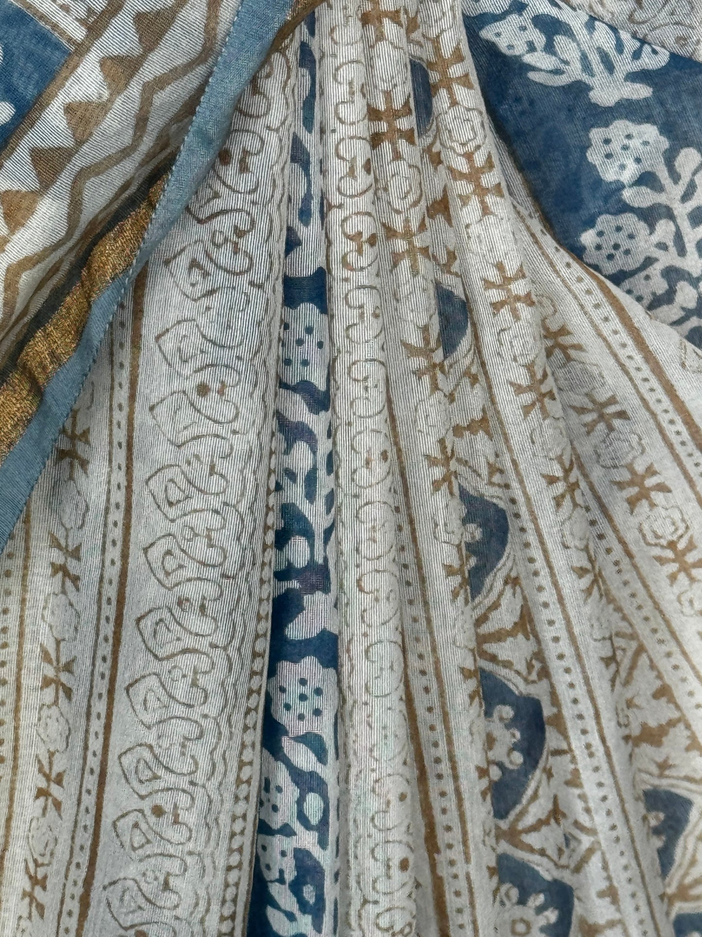 Off White and blue stripes hand block print Chanderi silk cotton saree