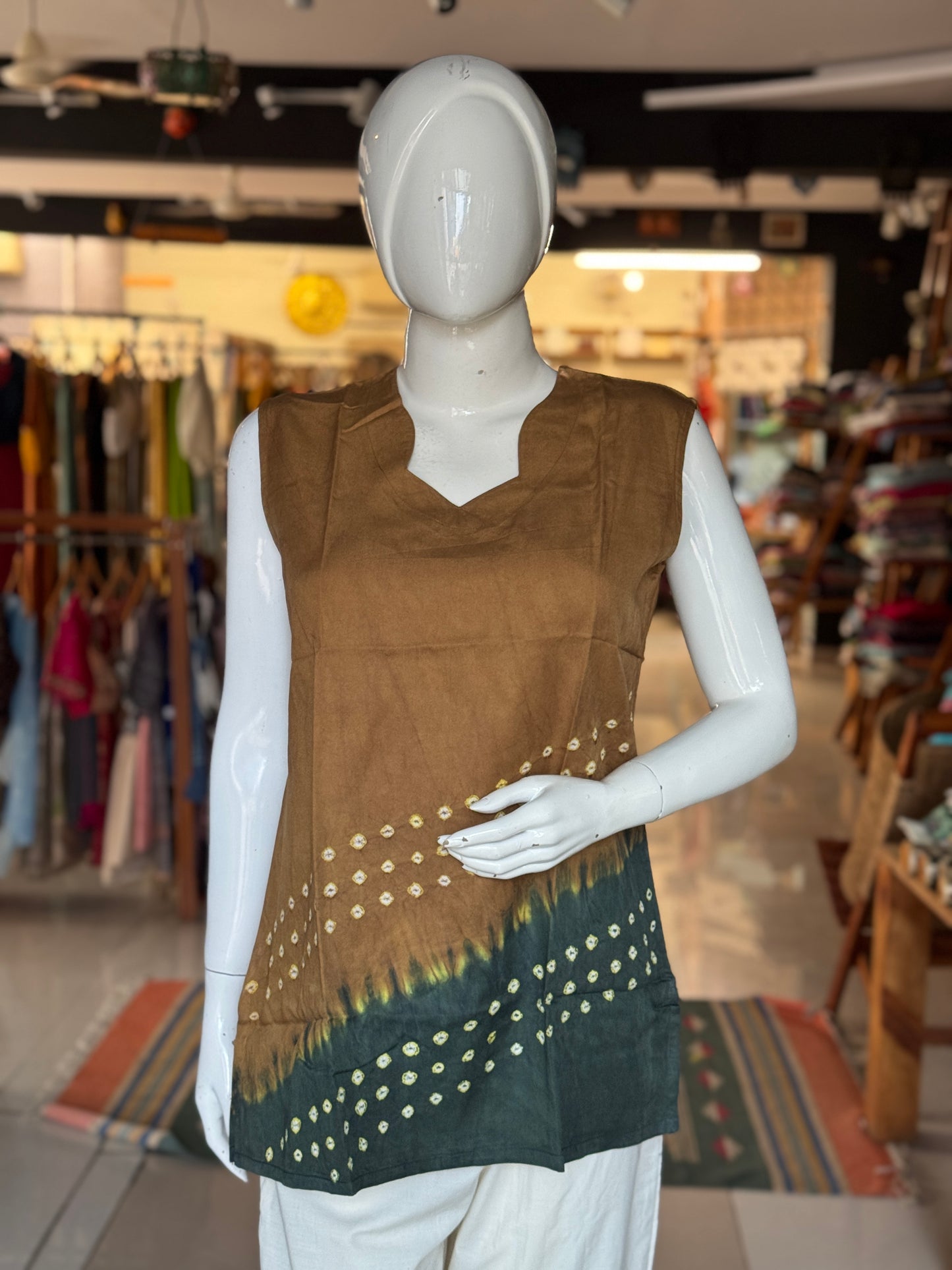 Sleeveless placement bandini tie n dye cotton tunic top / short kurti - multiple colors n designs available