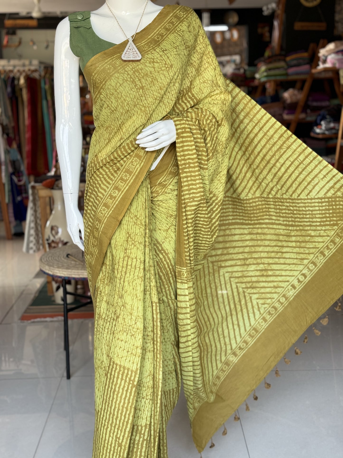 Olive green hand batik soft cotton saree