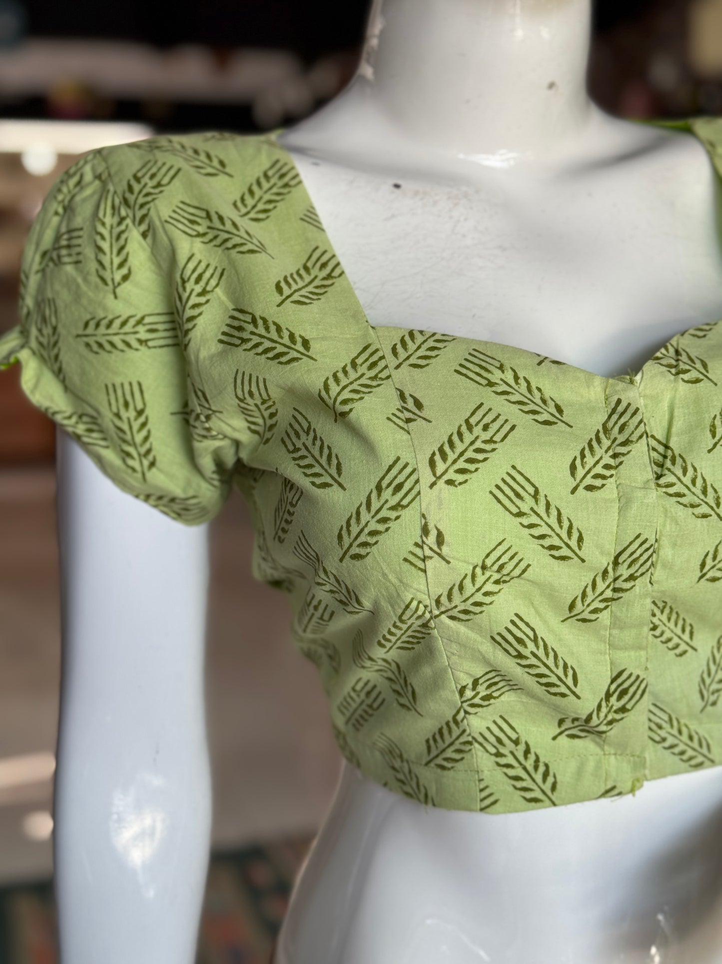 Green leaves handblock printed cotton front open blouse