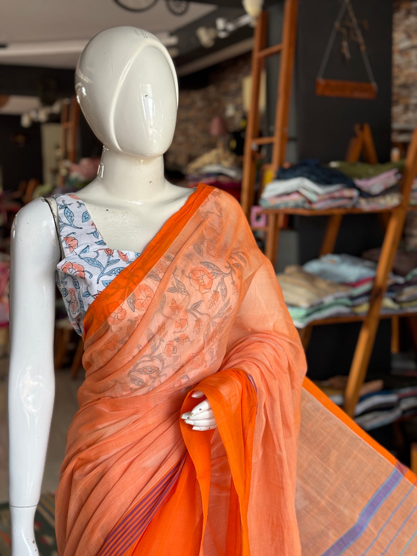 Orange plain cotton saree with stripes wide border light weight soft handloom Bobbili cotton saree